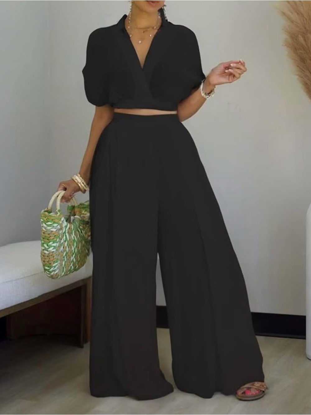 High-Waist Wide Leg Pants Set - Black